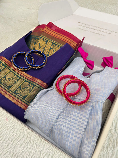 Royal Moments Gift Box Silk Pattu Frock & Chettinad Cotton Gown with Bangles GB-GT0002