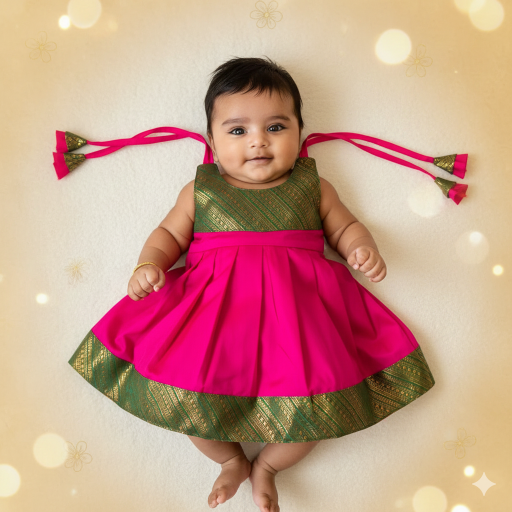 New Born Pink with Green Border Raw Silk Frock LF1639