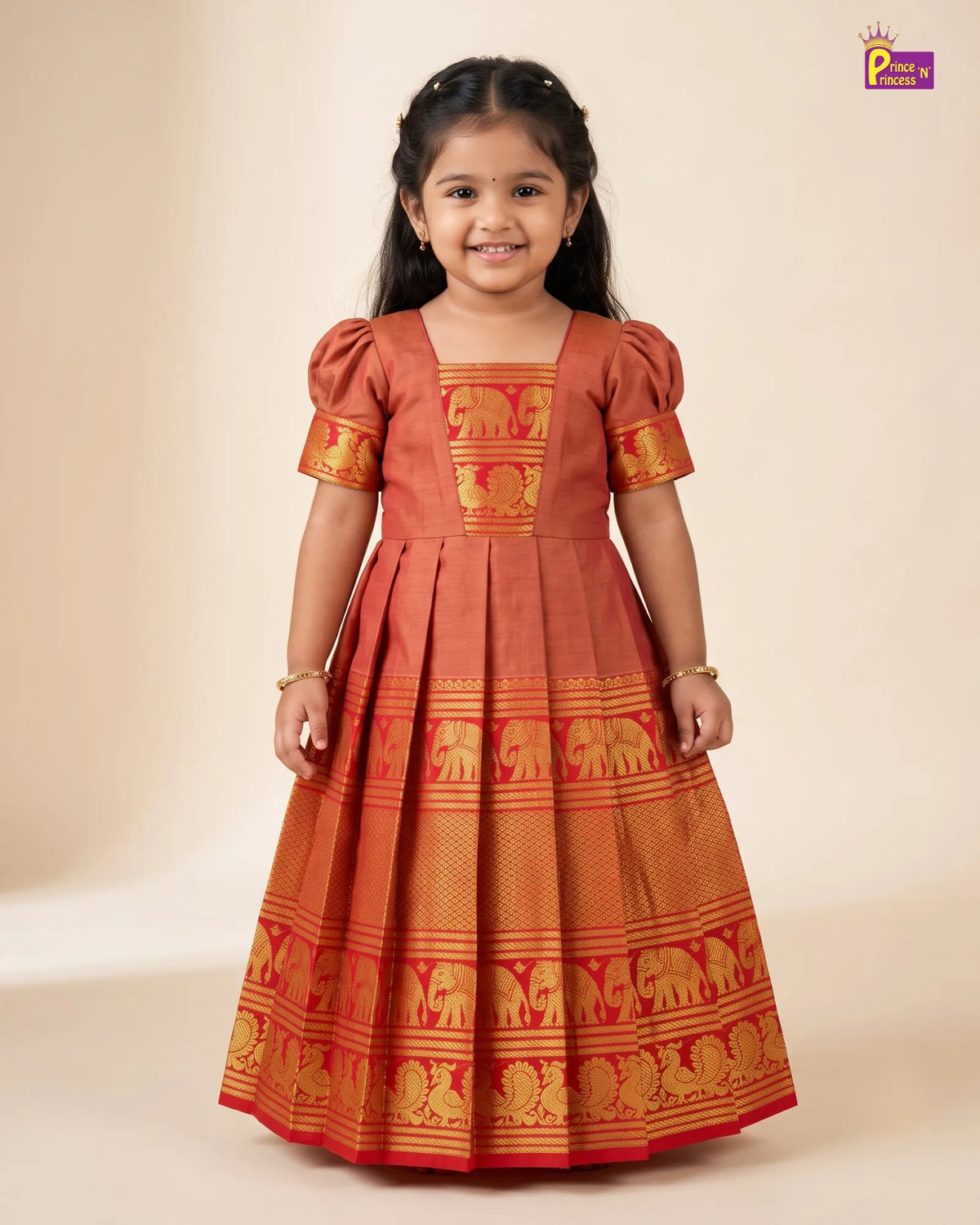 Gold Kalyani Cotton Gown for Girls – Traditional Ethnic Wear PG749