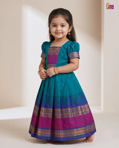 Girls Magenta Gold Pattu Gown | Chettinad Style PG732