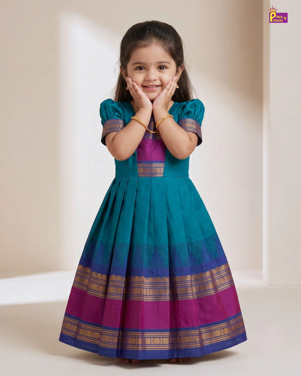 Girls Magenta Gold Pattu Gown | Chettinad Style PG732