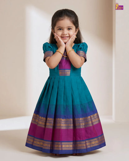 Girls Magenta Gold Pattu Gown | Chettinad Style PG732
