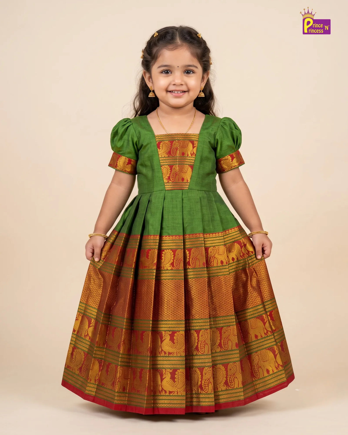 Girls Green Pattu Gown – Kalyani Cotton Festive Dress PG751