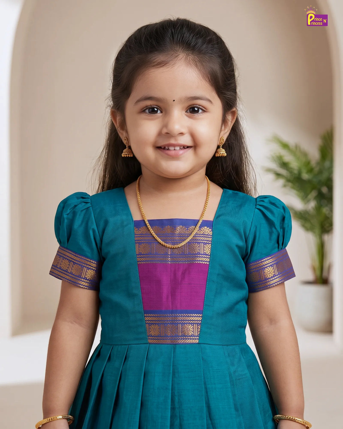 Girls Magenta Gold Pattu Gown | Chettinad Style PG732