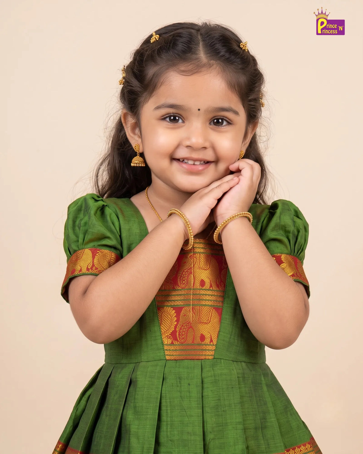 Girls Green Pattu Gown – Kalyani Cotton Festive Dress PG751