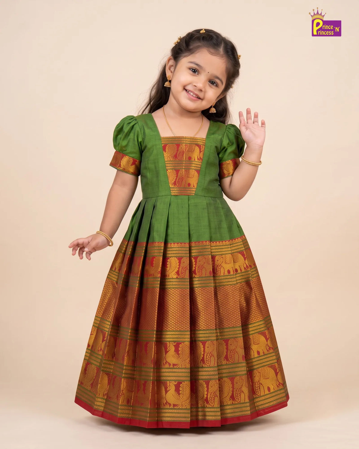 Girls Green Pattu Gown – Kalyani Cotton Festive Dress PG751