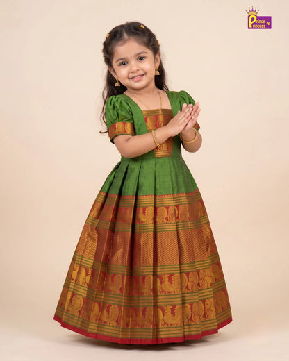 Girls Green Pattu Gown – Kalyani Cotton Festive Dress PG751