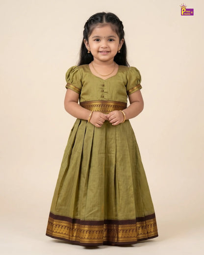 Girls Olive Green Kalyani Cotton Traditional Gown PG744
