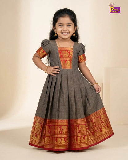 Girls Ash Grey Kalyani Cotton Traditional Pattu Gown PG753