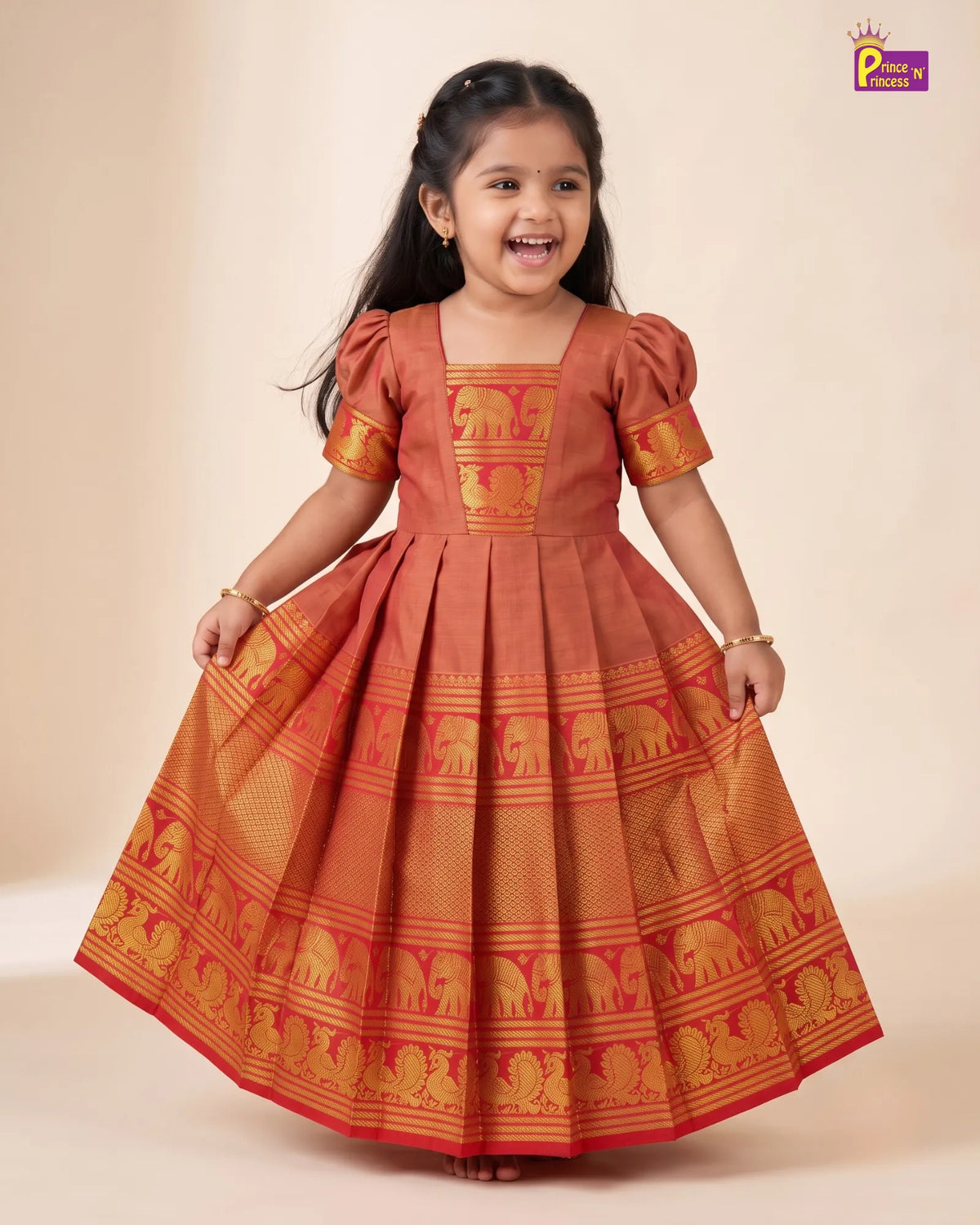 Gold Kalyani Cotton Gown for Girls – Traditional Ethnic Wear PG749