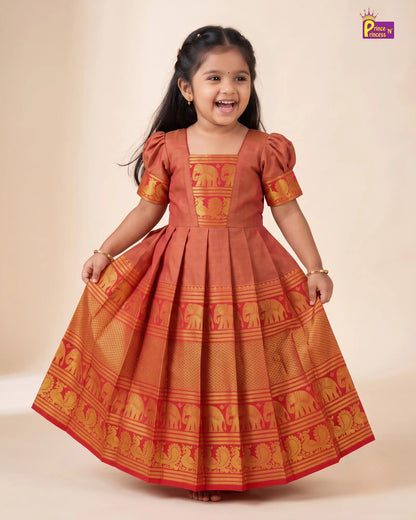 Gold Kalyani Cotton Gown for Girls – Traditional Ethnic Wear PG749