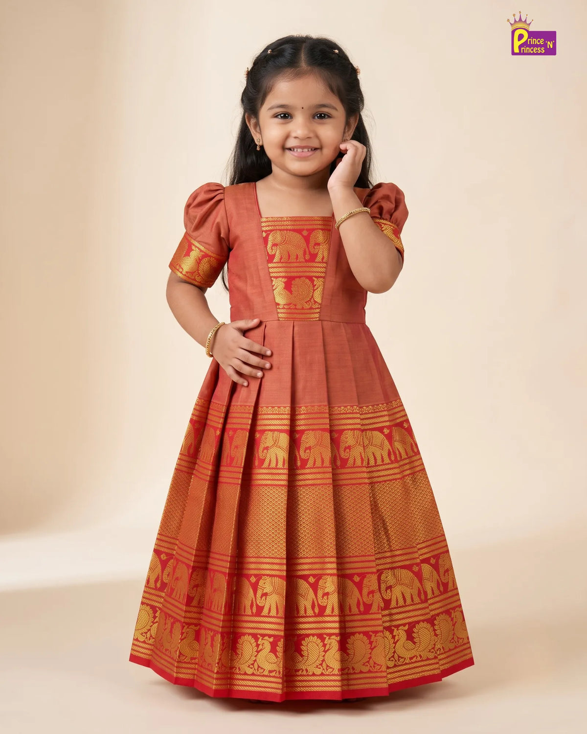 Gold Kalyani Cotton Gown for Girls – Traditional Ethnic Wear PG749