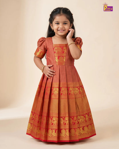 Gold Kalyani Cotton Gown for Girls – Traditional Ethnic Wear PG749
