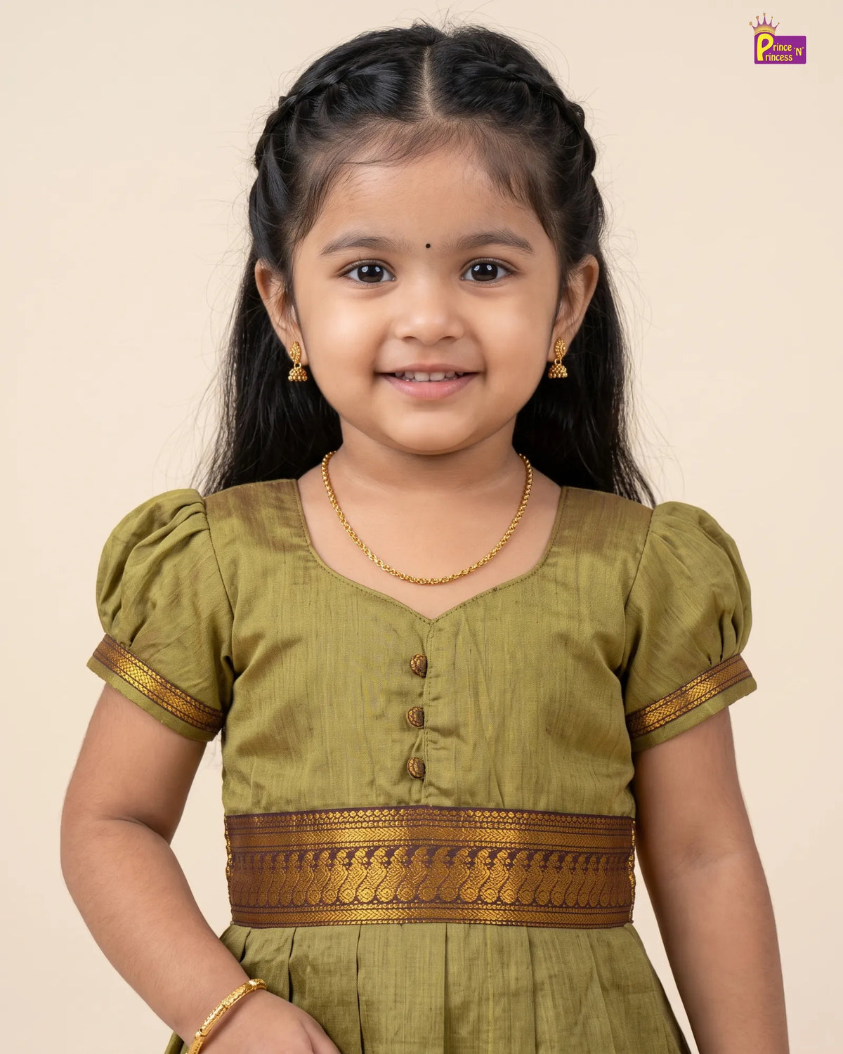 Girls Olive Green Kalyani Cotton Traditional Gown PG744