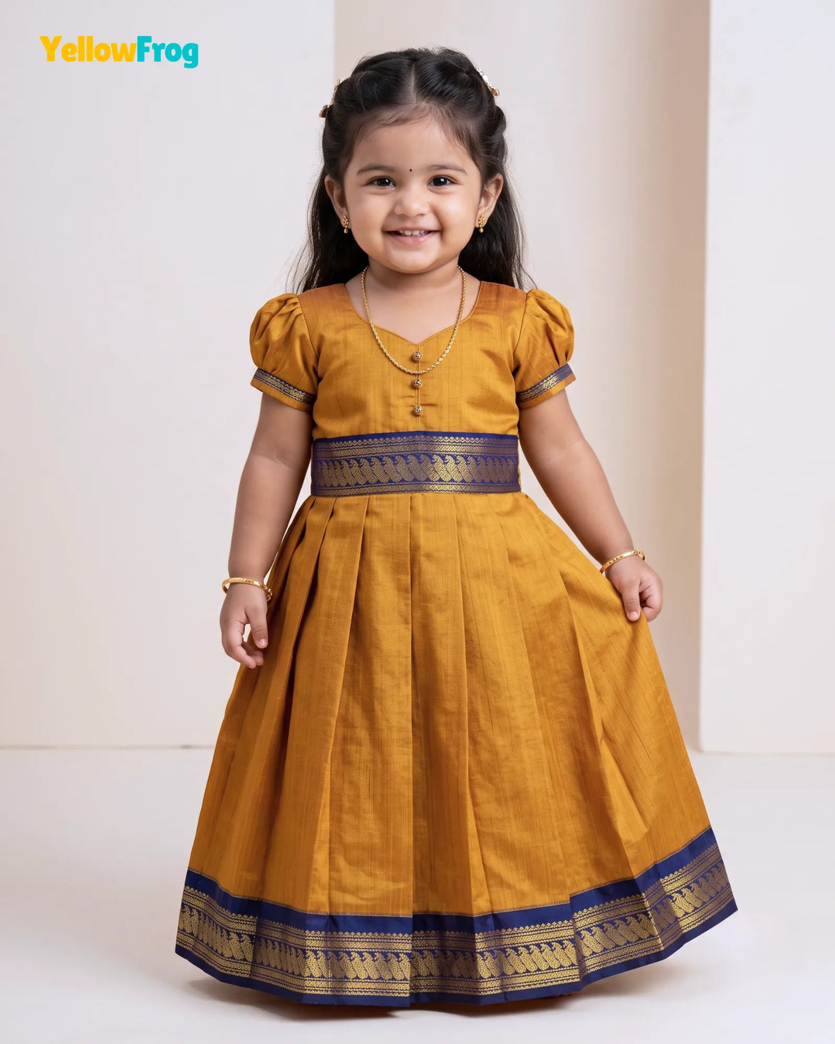 Girls Mustard & Gold Kalyani Cotton Traditional Full Gown PG729