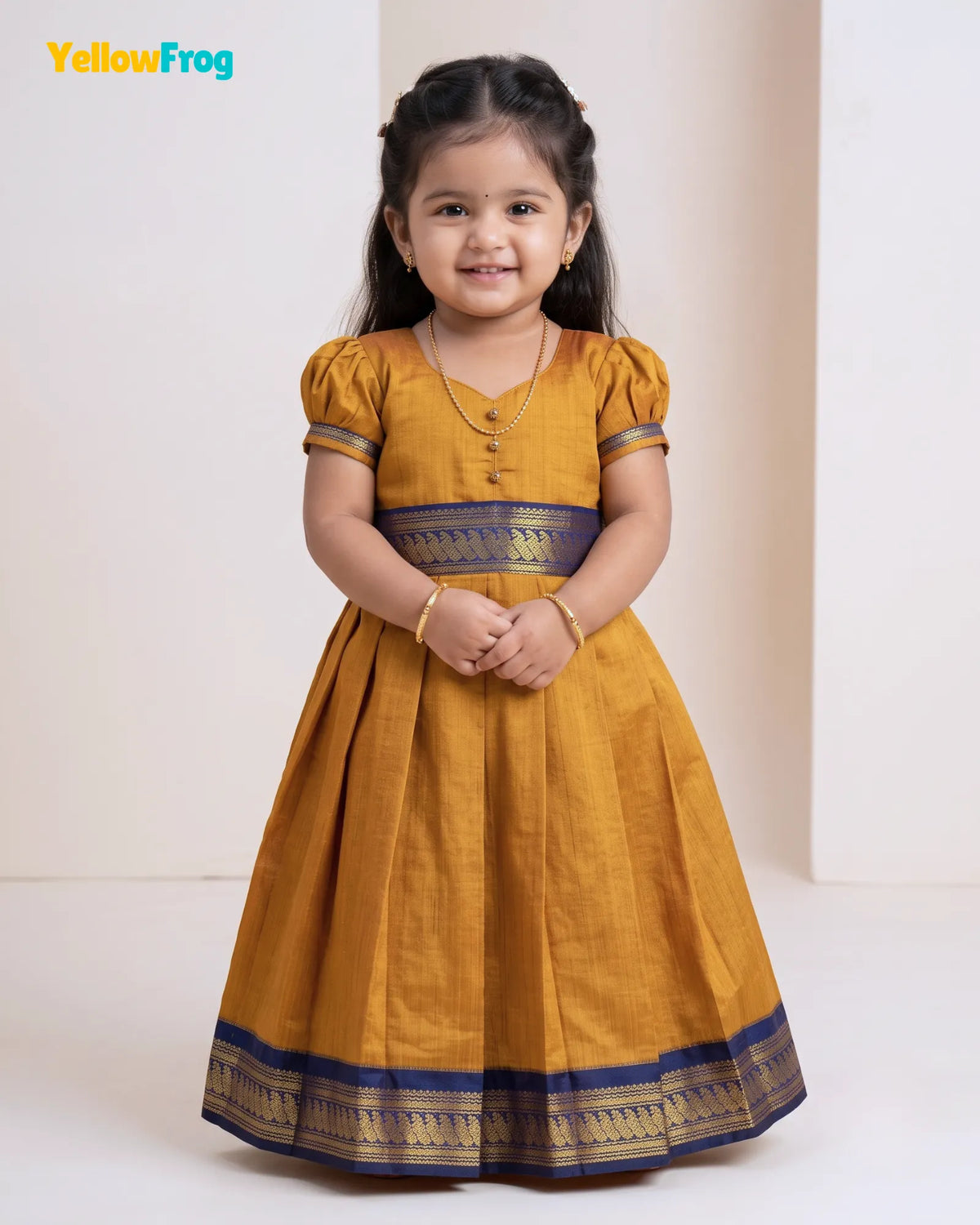 Girls Mustard & Gold Kalyani Cotton Traditional Full Gown PG729