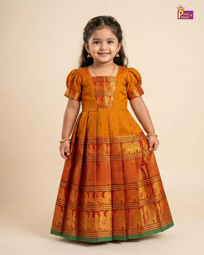 Girls Mustard Gold Kalyani Cotton Traditional Pattu Gown PG752