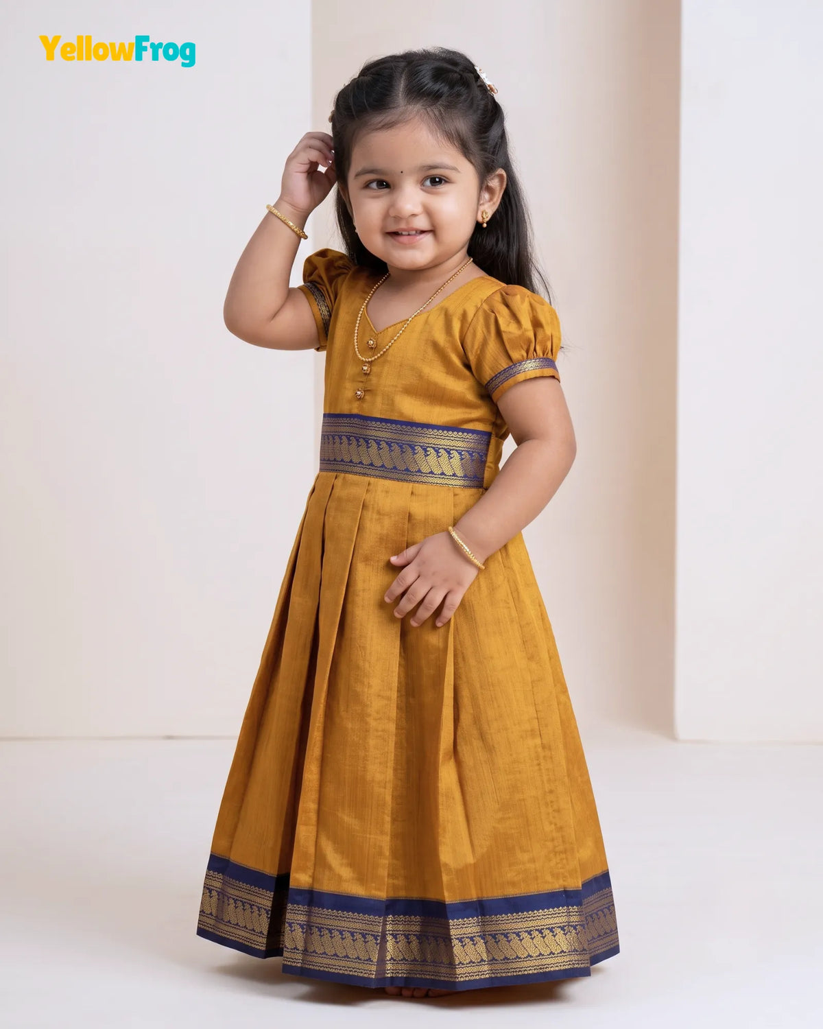 Girls Mustard & Gold Kalyani Cotton Traditional Full Gown PG729