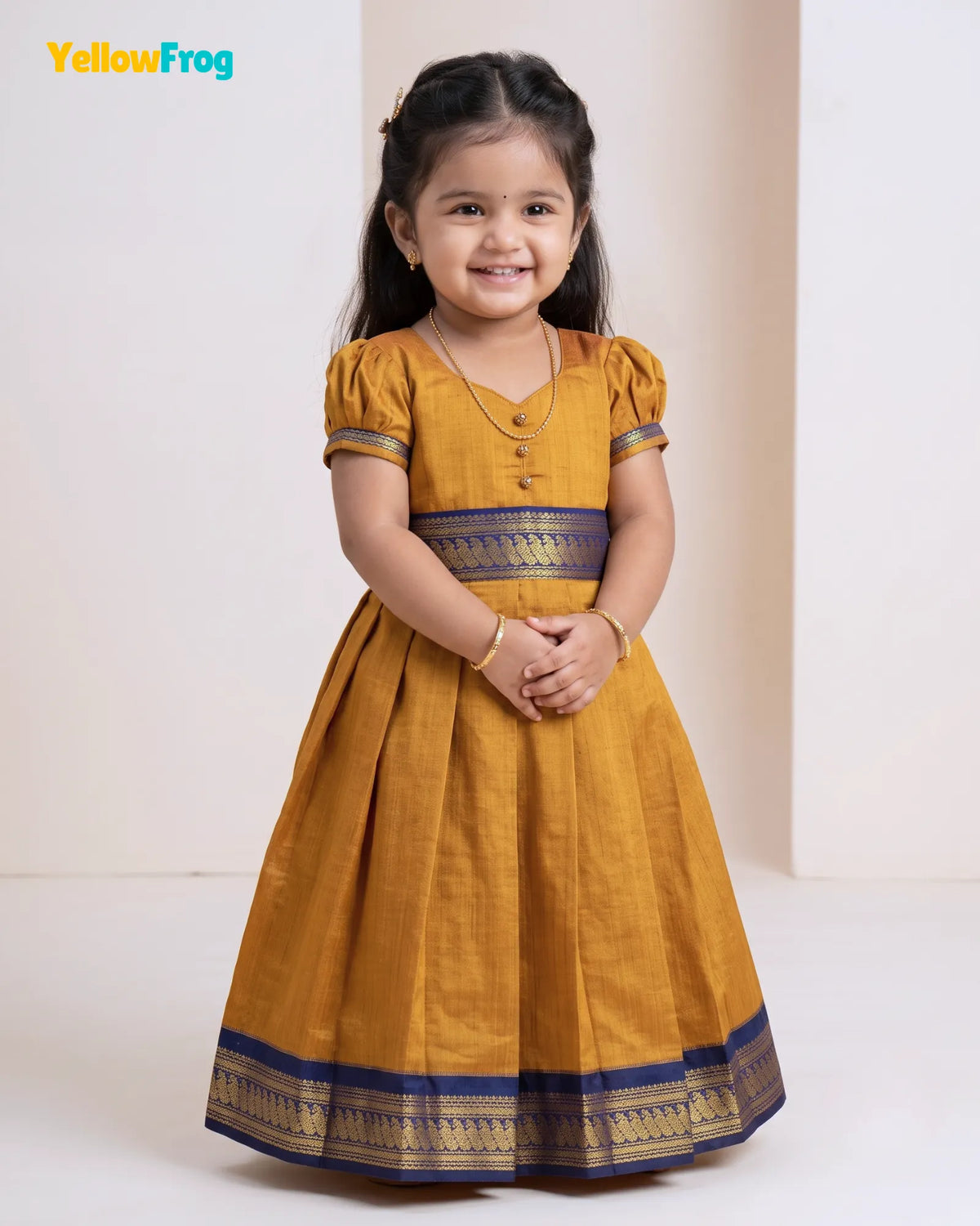 Girls Mustard & Gold Kalyani Cotton Traditional Full Gown PG729
