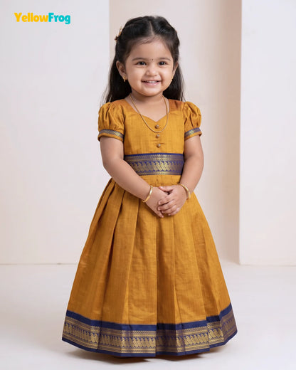 Girls Mustard & Gold Kalyani Cotton Traditional Full Gown PG729