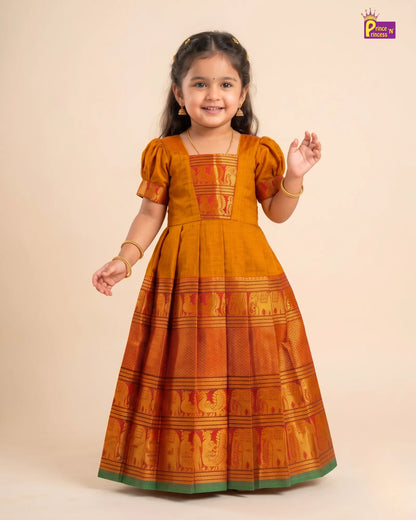 Girls Mustard Gold Kalyani Cotton Traditional Pattu Gown PG752