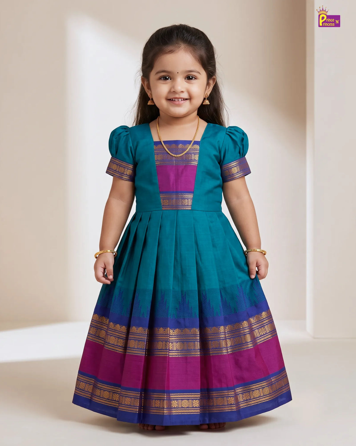 Girls Magenta Gold Pattu Gown | Chettinad Style PG732