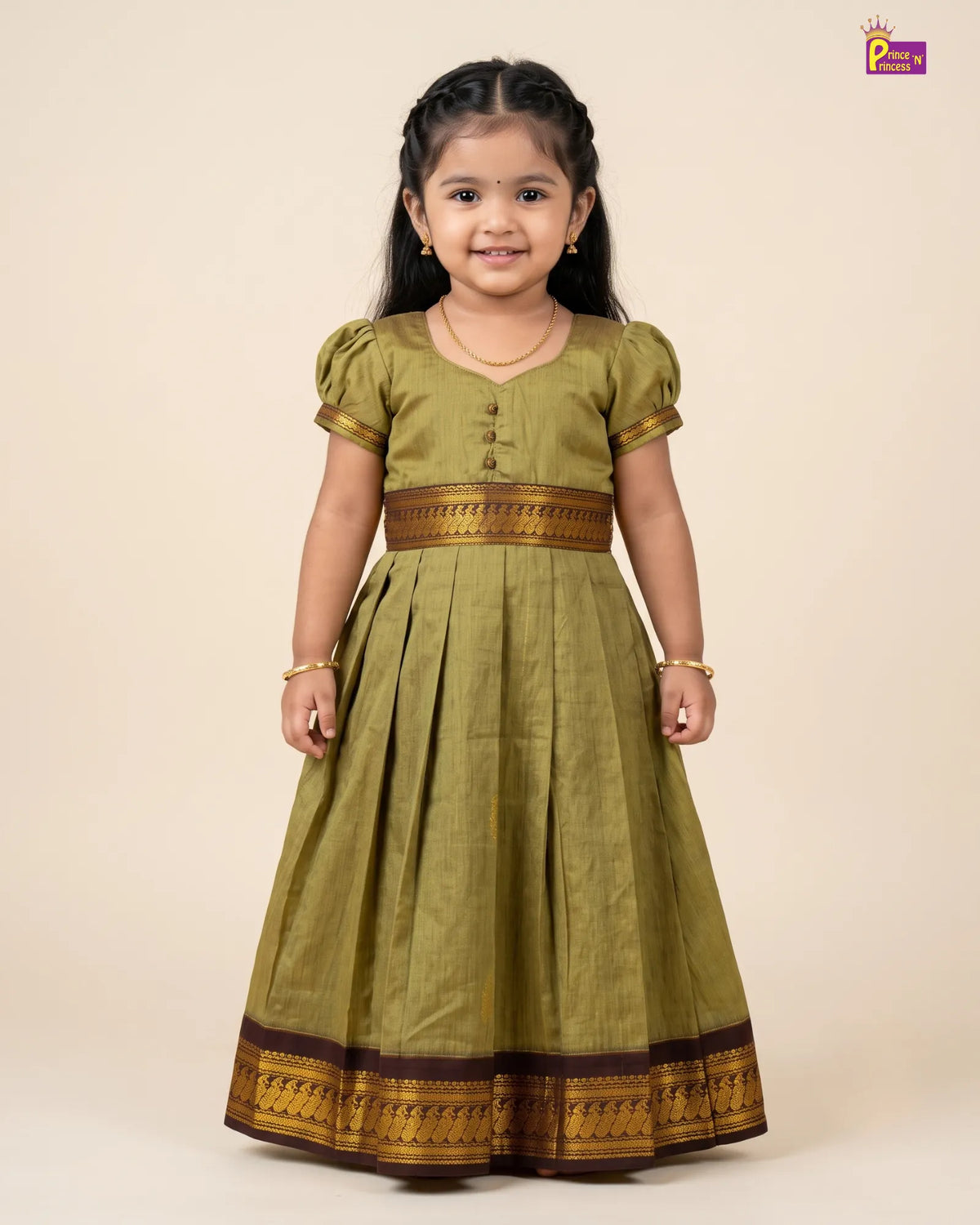 Girls Olive Green Kalyani Cotton Traditional Gown PG744