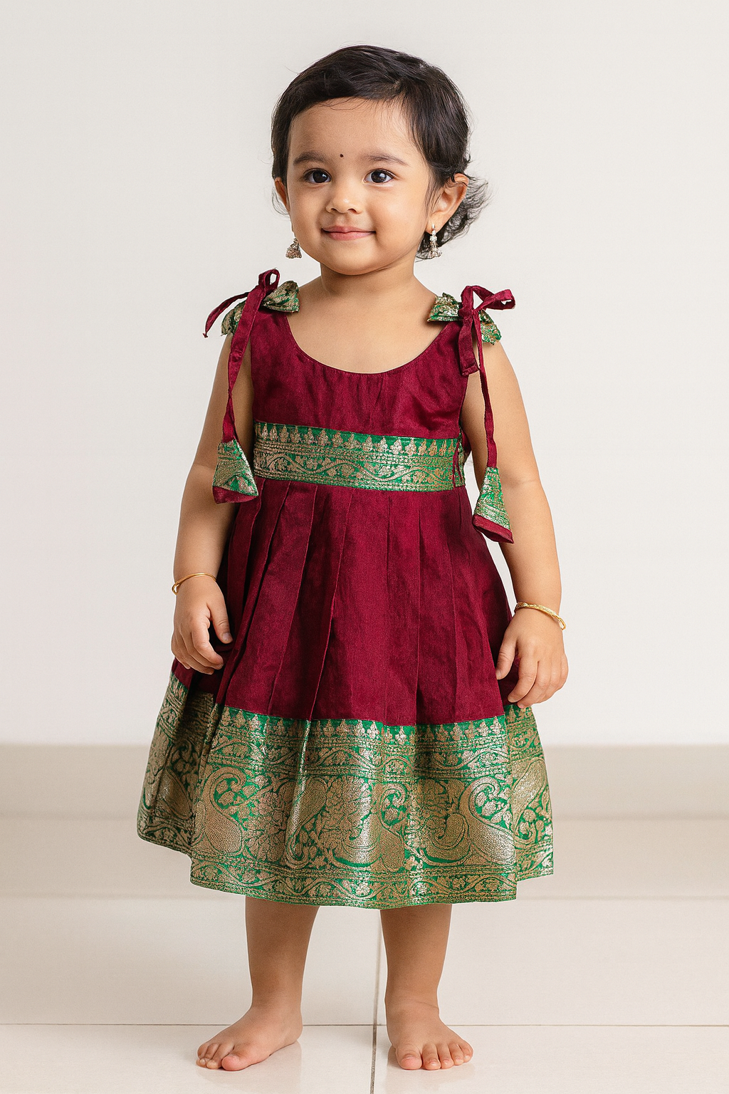 New Born Maroon With Bottle Green Raw Silk Frock LF1554