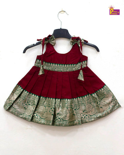 New Born Maroon With Bottle Green Raw Silk Frock LF1554