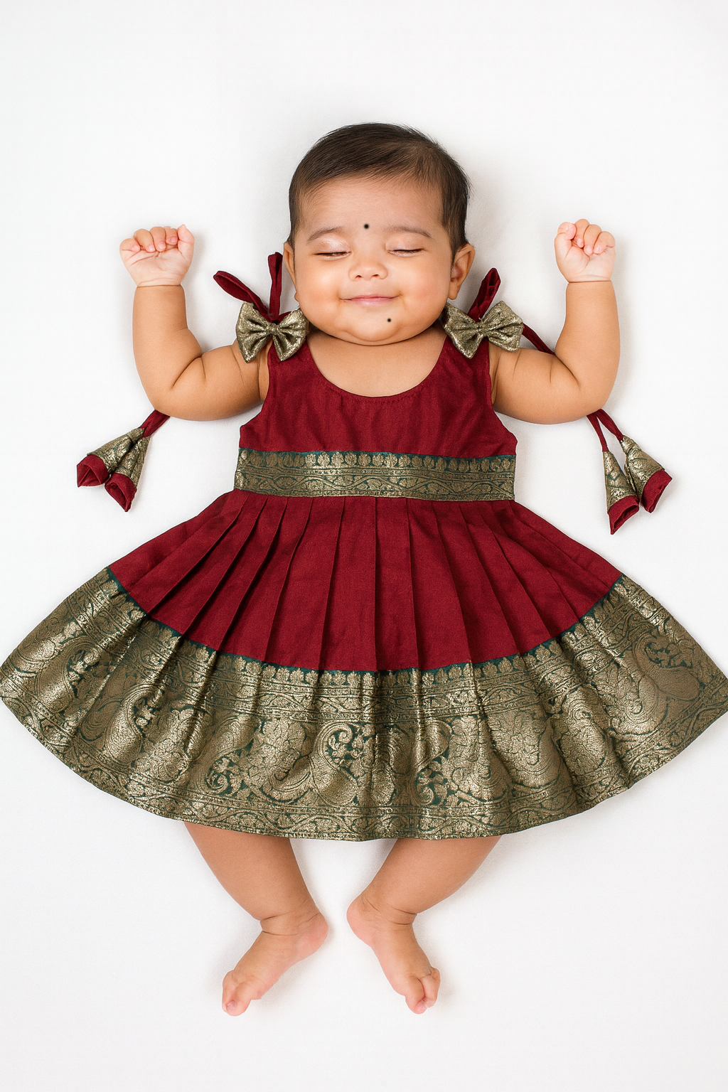 New Born Maroon With Bottle Green Raw Silk Frock LF1554