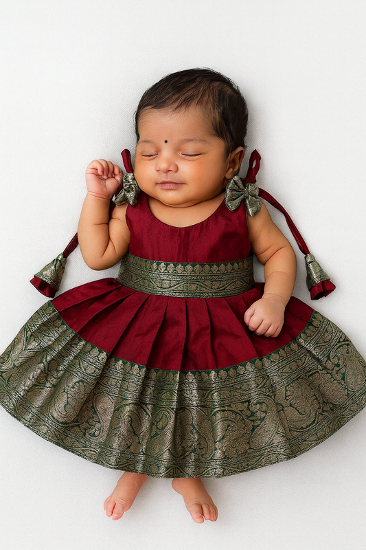 New Born Maroon With Bottle Green Raw Silk Frock LF1554