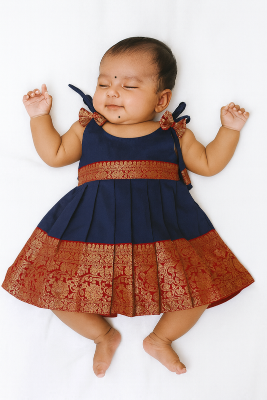New Born Navy Blue With Red Raw Silk Frock LF1555