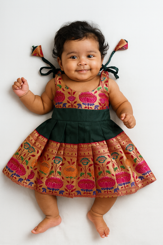 New Born Dark Green With Red Raw Silk Frock LF1586