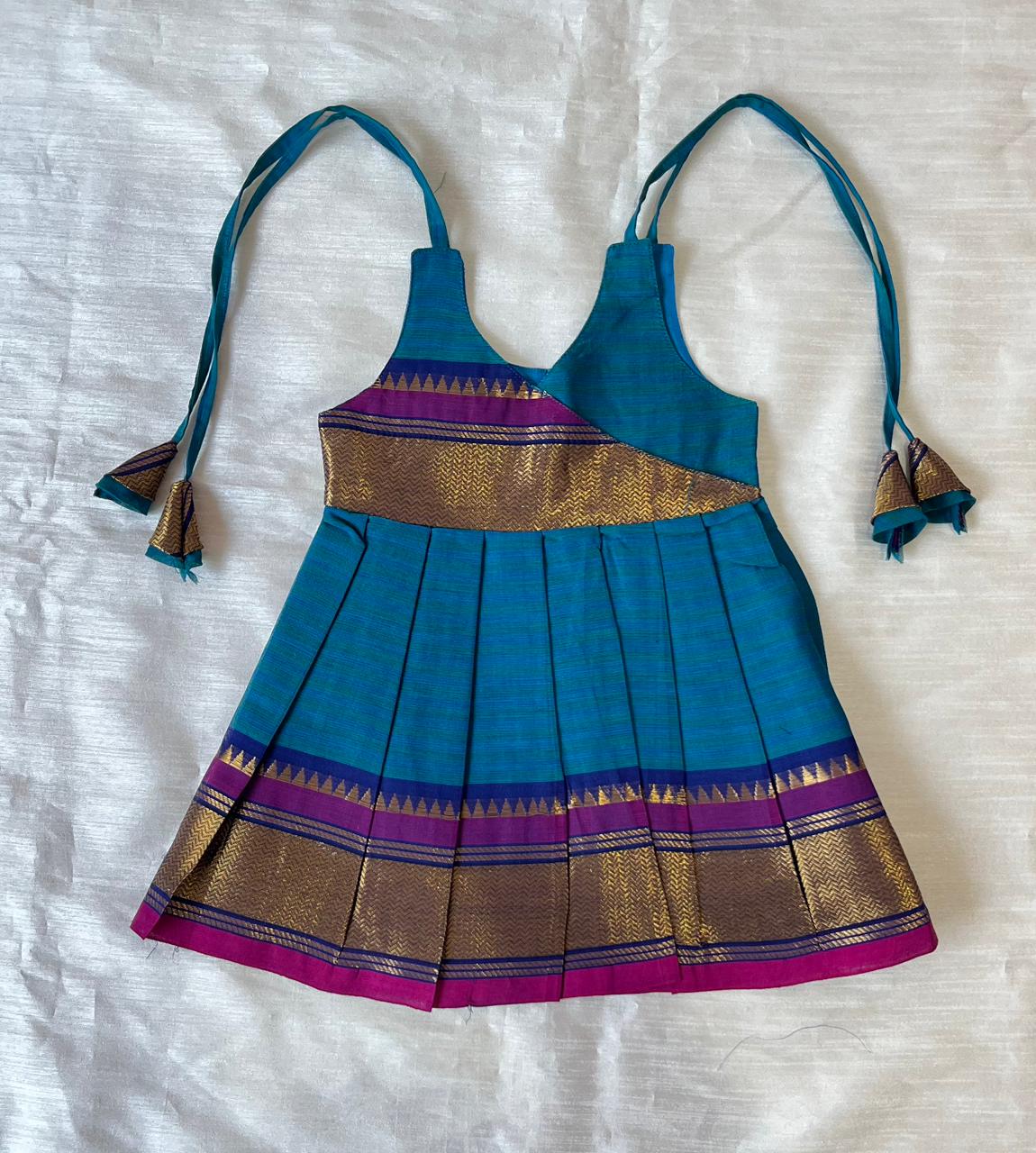 New Born Peacock Blue Chettinad Cotton Frock LF1637