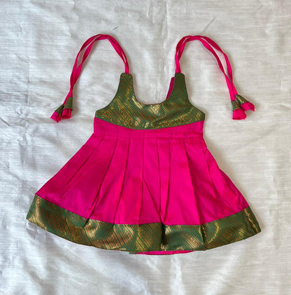 New Born Pink with Green Border Raw Silk Frock LF1639