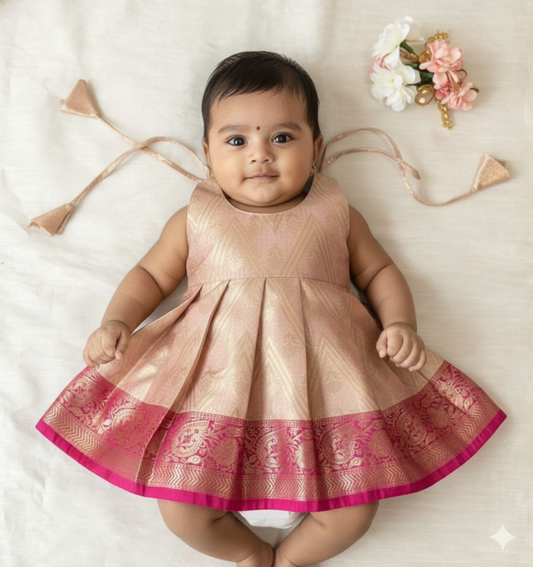 New Born Gold with Pink Banarasi Silk Knot Type Frock LF1661