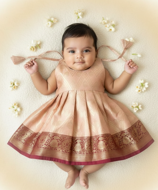 New Born Gold with Maroon Banarasi Silk Knot Type Frock LF1662