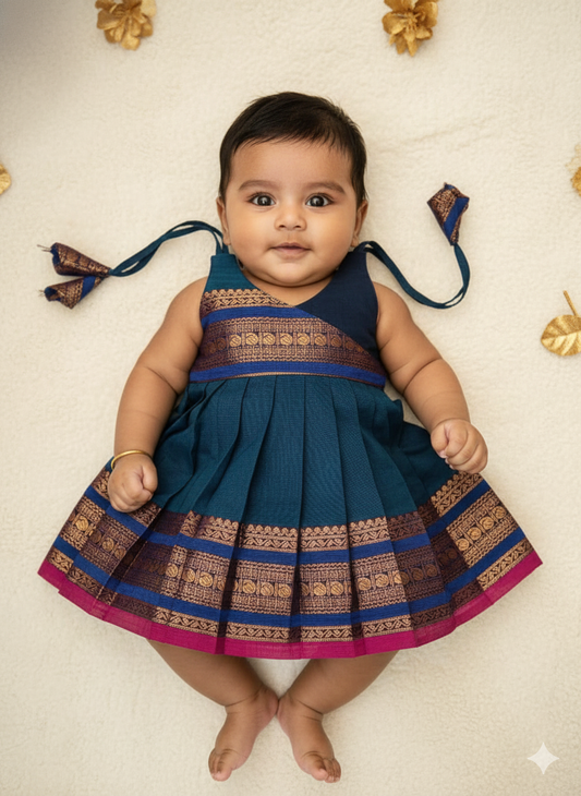 New Born Peacock blue Chettinad Cotton Frock LF1679
