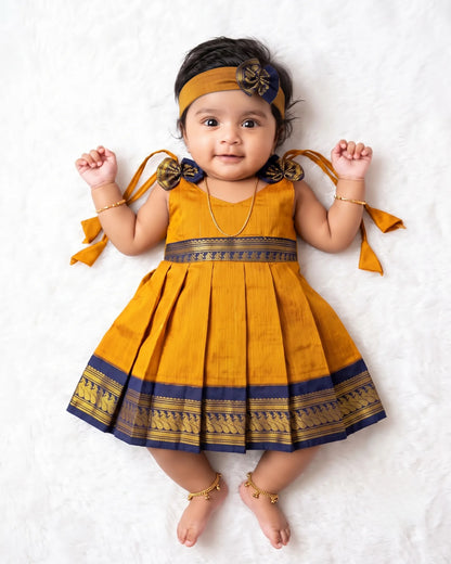 Newborn Baby Girl Mustard Yellow Kalyani Cotton Traditional Frock + Headband LF2059