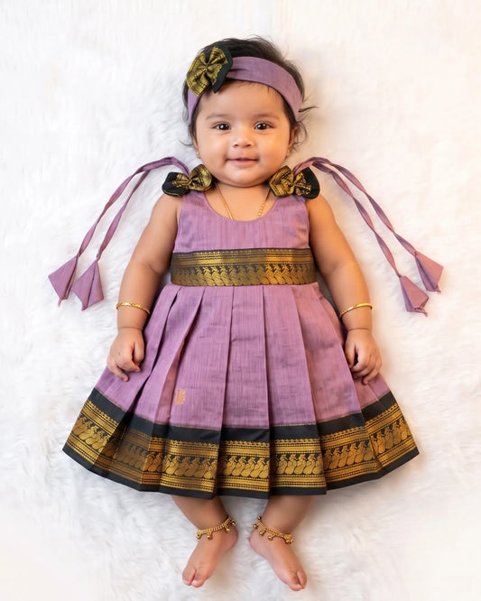 Newborn Baby Girl Lilac & Green Traditional Kalyani Cotton Frock + Headband LF2060