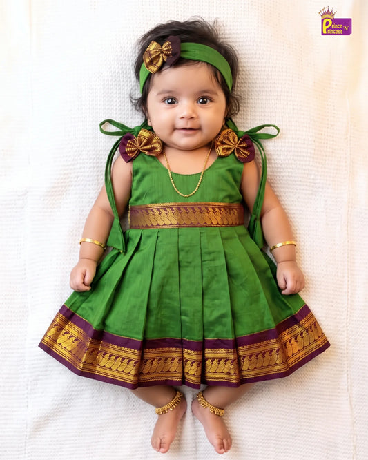 Baby Girl Parrot Green Traditional Kalyani Cotton Frock + Headband LF2061