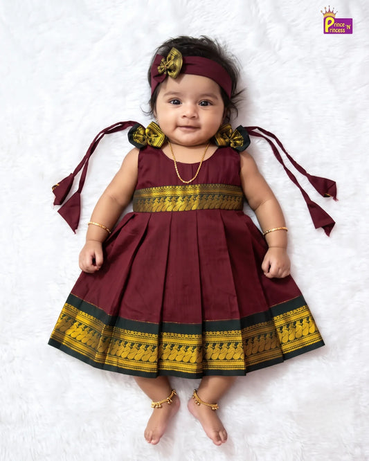 Newborn Baby Girl Deep Maroon Traditional Kalyani Cotton Frock + Headband LF2062