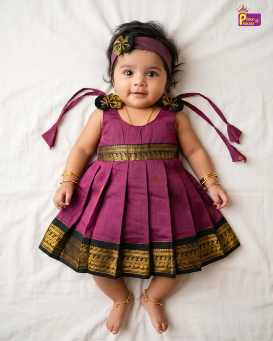 Newborn Mauve & Dark Green Kalyani Cotton Frock + Headband LF2063