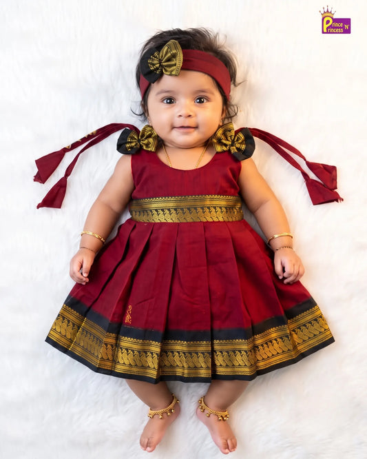 Newborn Maroon & Dark Green Kalyani Cotton Frock + Headband   LF2074