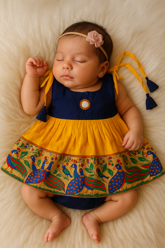 New Born Navyblue and Yellow Pattu frock LF210