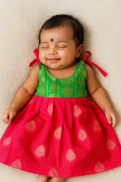 New Born Pink Green Pattu frock LF312