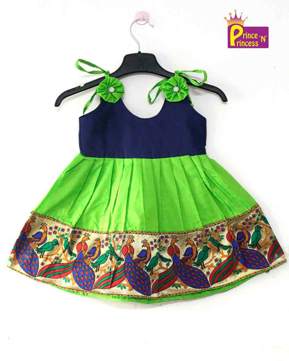 Toddlers Navy Blue Green Raw Silk Pattu Frock LF449