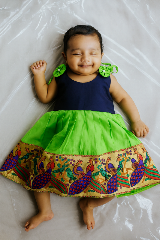 Toddlers Navy Blue Green Raw Silk Pattu Frock LF449
