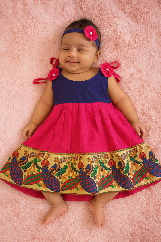 Toddlers Navy Blue Pink Raw Silk Pattu Frock LF450