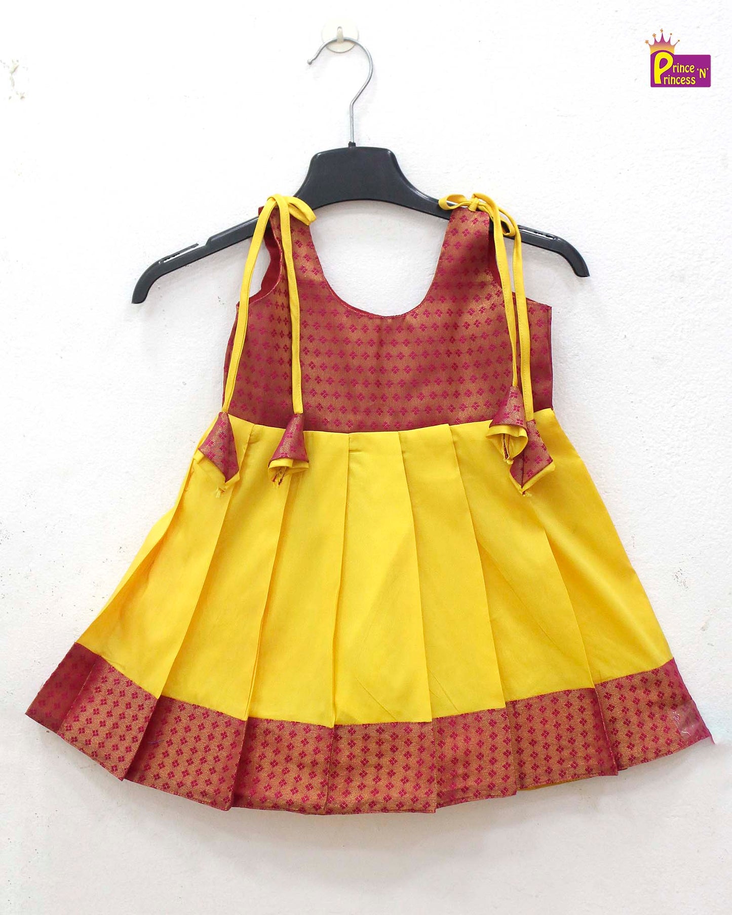 New born Pink and Yellow Raw Silk Frock LF875